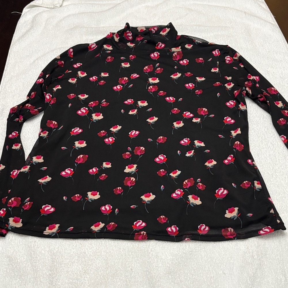 POPSUGAR Black Long Sleeve Floral Mock Neck Top with Pink & Cream Flowers
